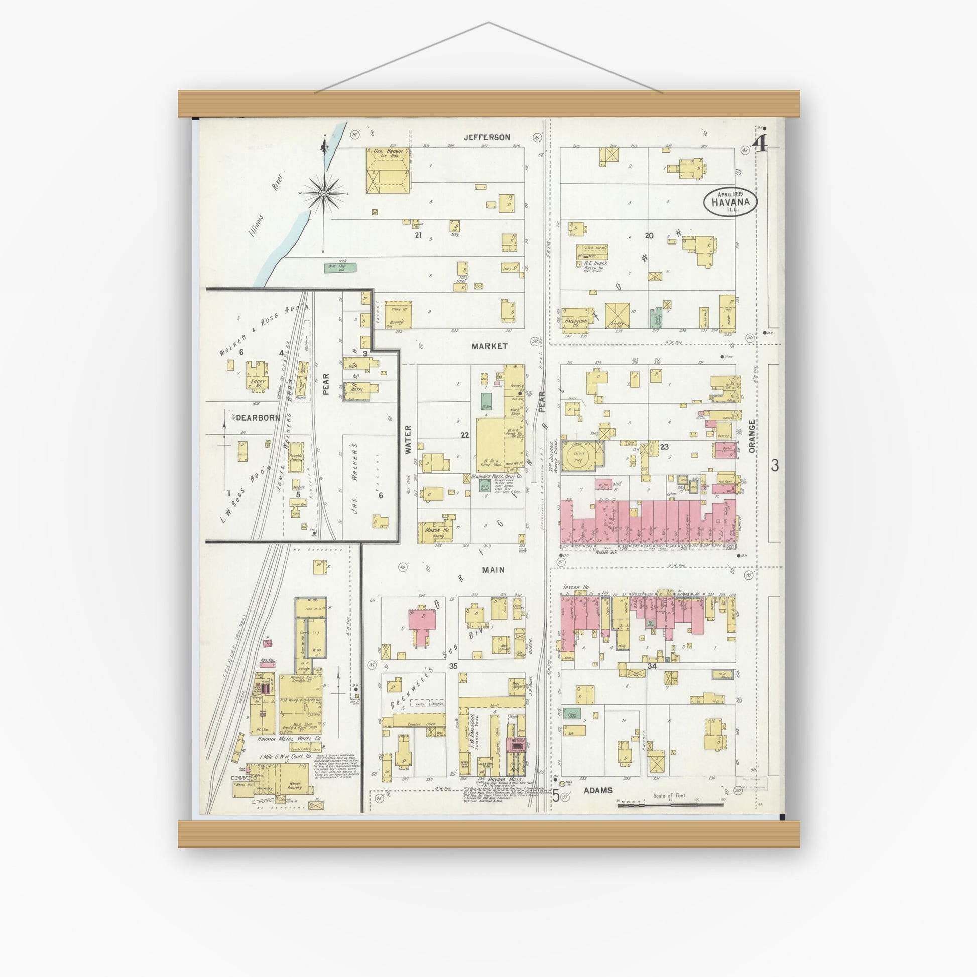 Old map wall art mockup — magnetic wood frame on white wall — Sanborn Fire Insurance Map from Havana, Mason County, Illinois (1899), Sheet #0004