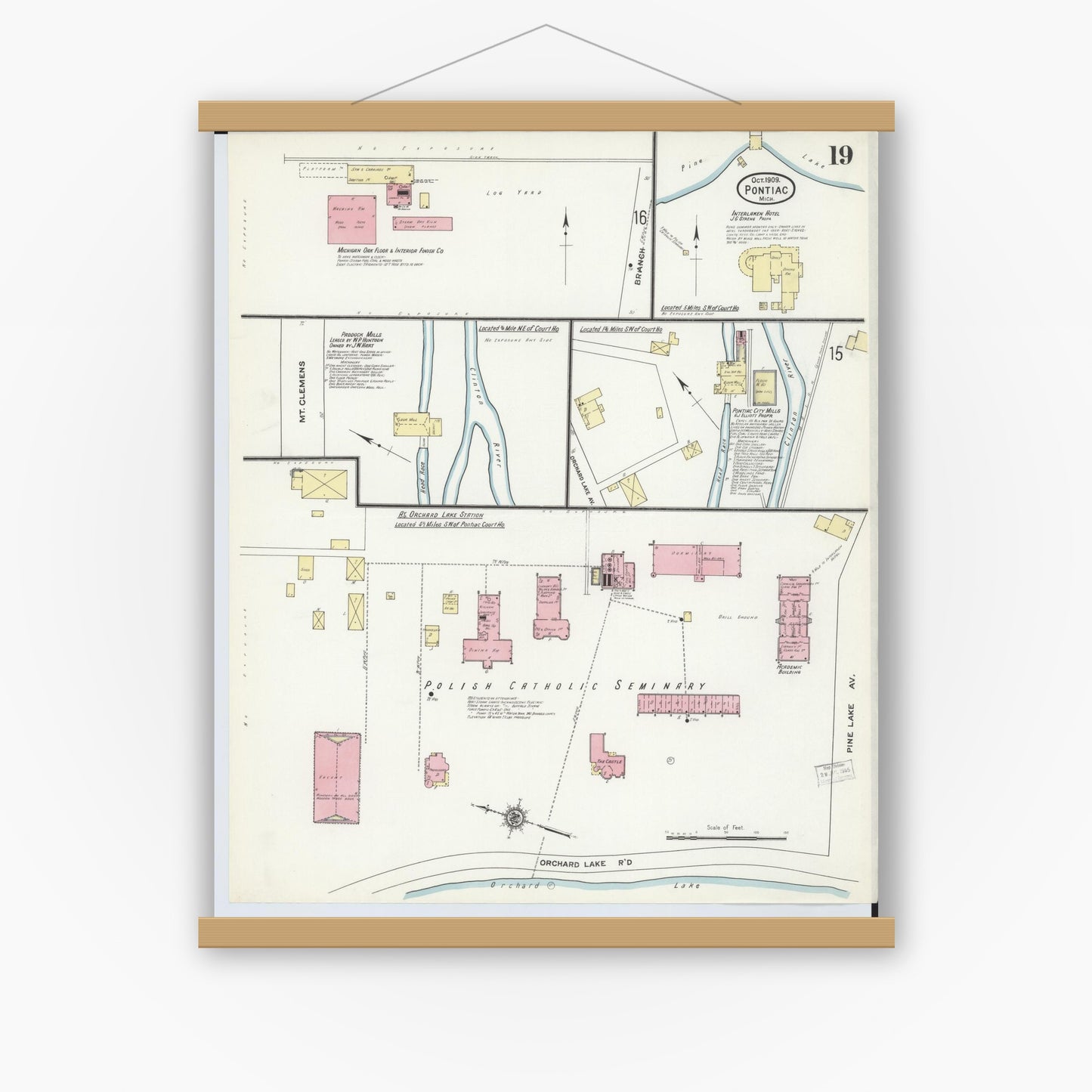 Old map wall art mockup — magnetic wood frame on white wall — Sanborn Fire Insurance Map from Pontiac, Oakland County, Michigan (1909), Sheet #0019