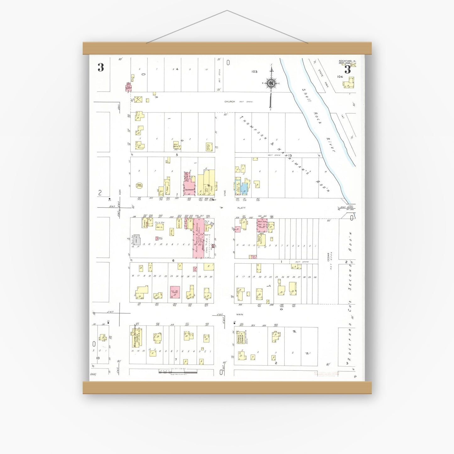 Old map wall art mockup — magnetic wood frame on white wall — Sanborn Fire Insurance Map from Rockford, Floyd County, Iowa (1948), Sheet #0003