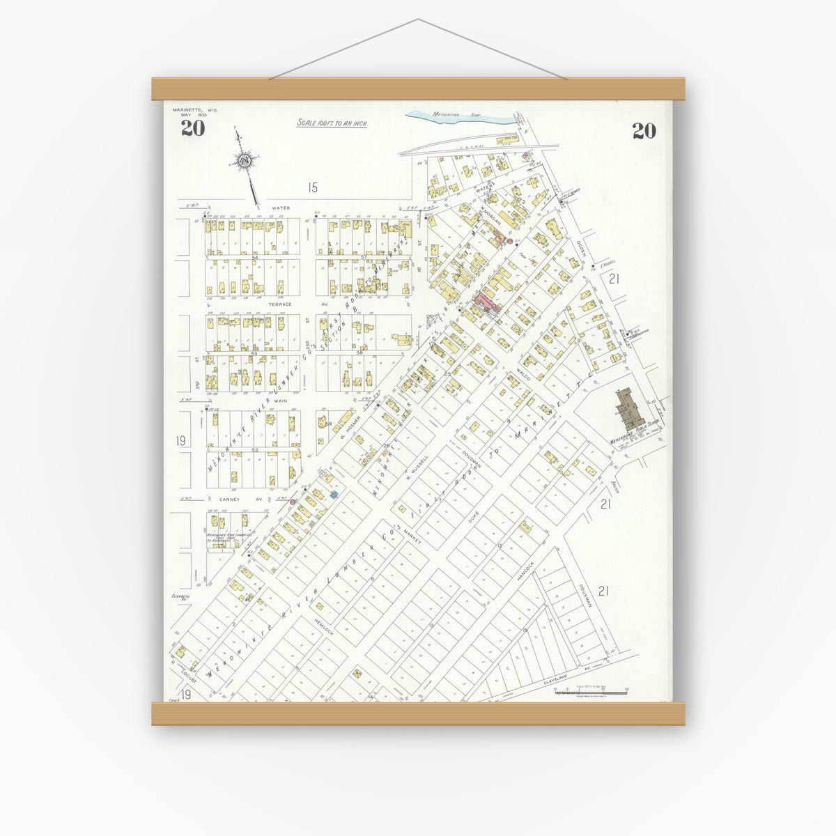 Old map wall art mockup — magnetic wood frame on white wall — Sanborn Fire Insurance Map from Marinette, Marinette County, Wisconsin (1935), Sheet #0020