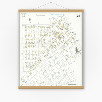 Old map wall art mockup — magnetic wood frame on white wall — Sanborn Fire Insurance Map from Marinette, Marinette County, Wisconsin (1935), Sheet #0020