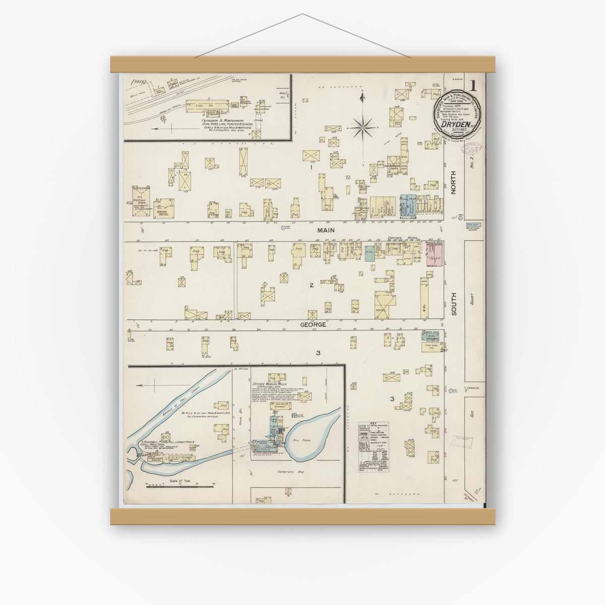 Old map wall art mockup — magnetic wood frame on white wall — Sanborn Fire Insurance Map from Dryden, Tompkins County, New York (1887) - Complete Map Set