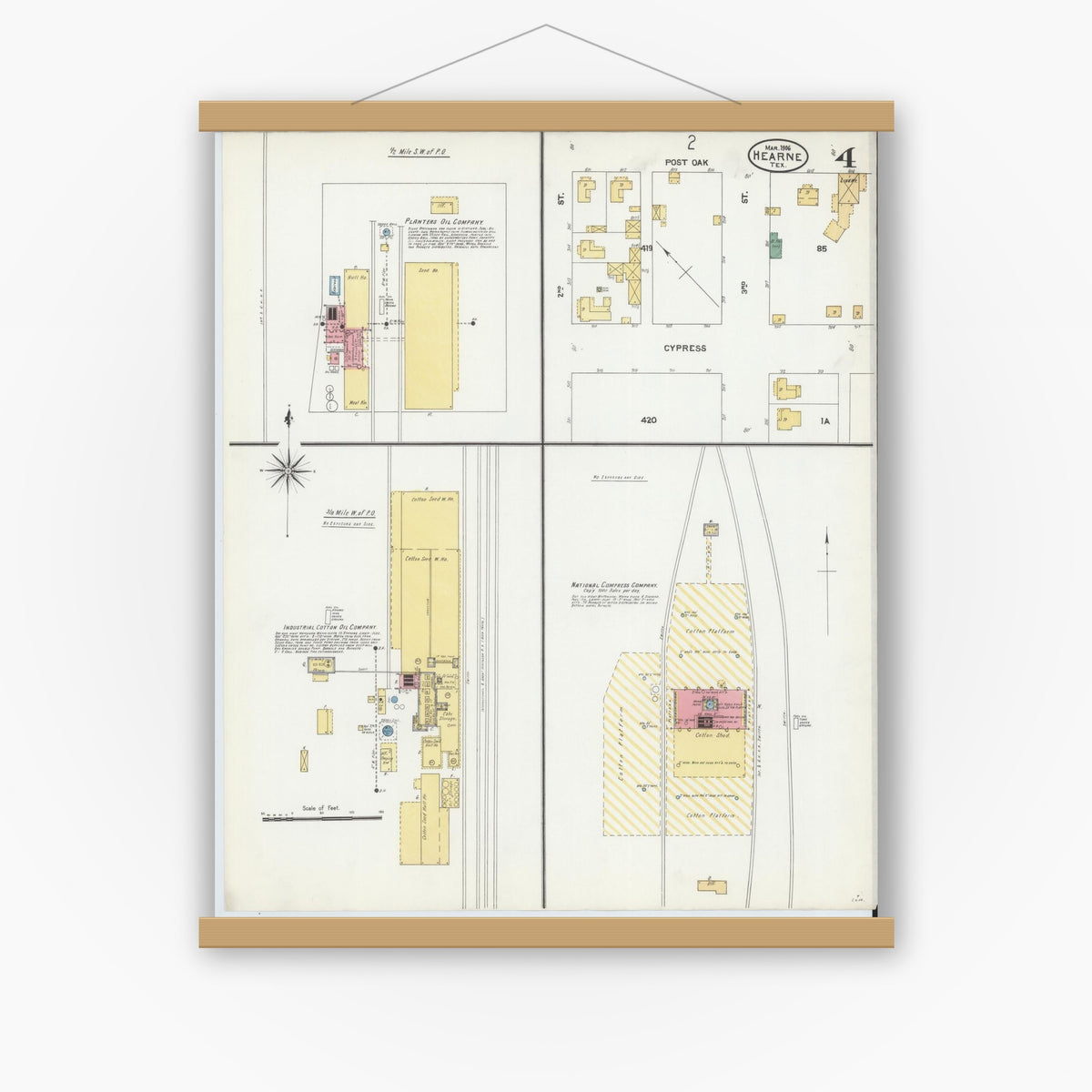 Old map wall art mockup — magnetic wood frame on white wall — Sanborn Fire Insurance Map from Hearne, Robertson County, Texas (1906), Sheet #0004