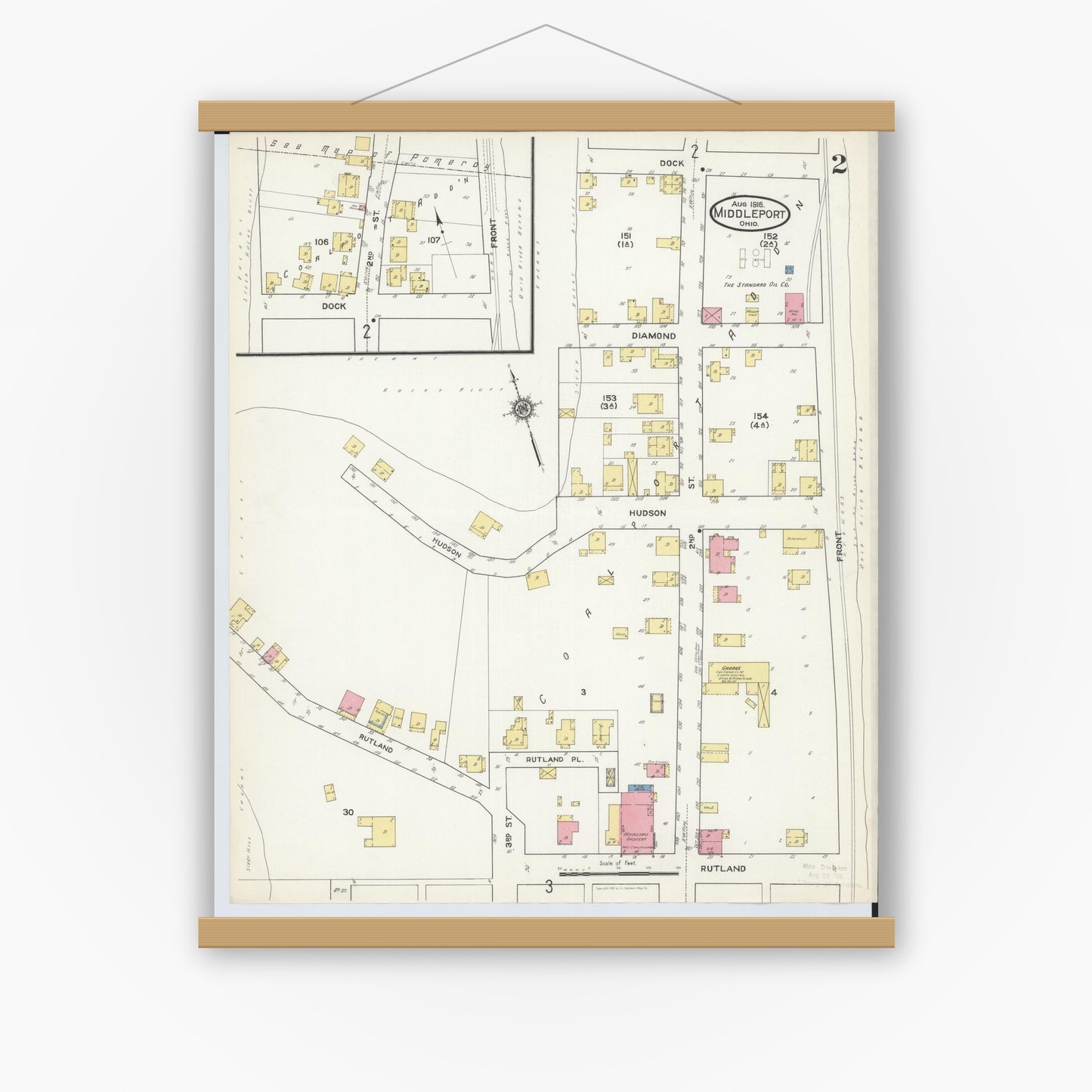 Old map wall art mockup — magnetic wood frame on white wall — Sanborn Fire Insurance Map from Middleport, Meigs County, Ohio (1916), Sheet #0002