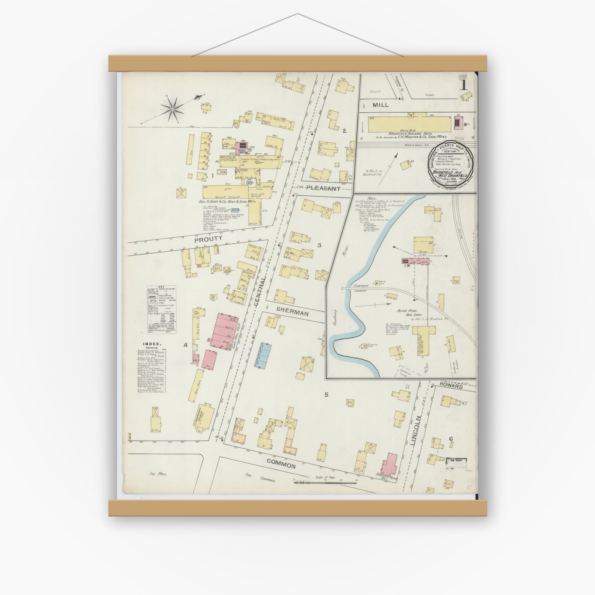 Old map wall art mockup — magnetic wood frame on white wall — Sanborn Fire Insurance Map from Brookfield, Worcester County, Massachusetts (1893) - Complete Map Set