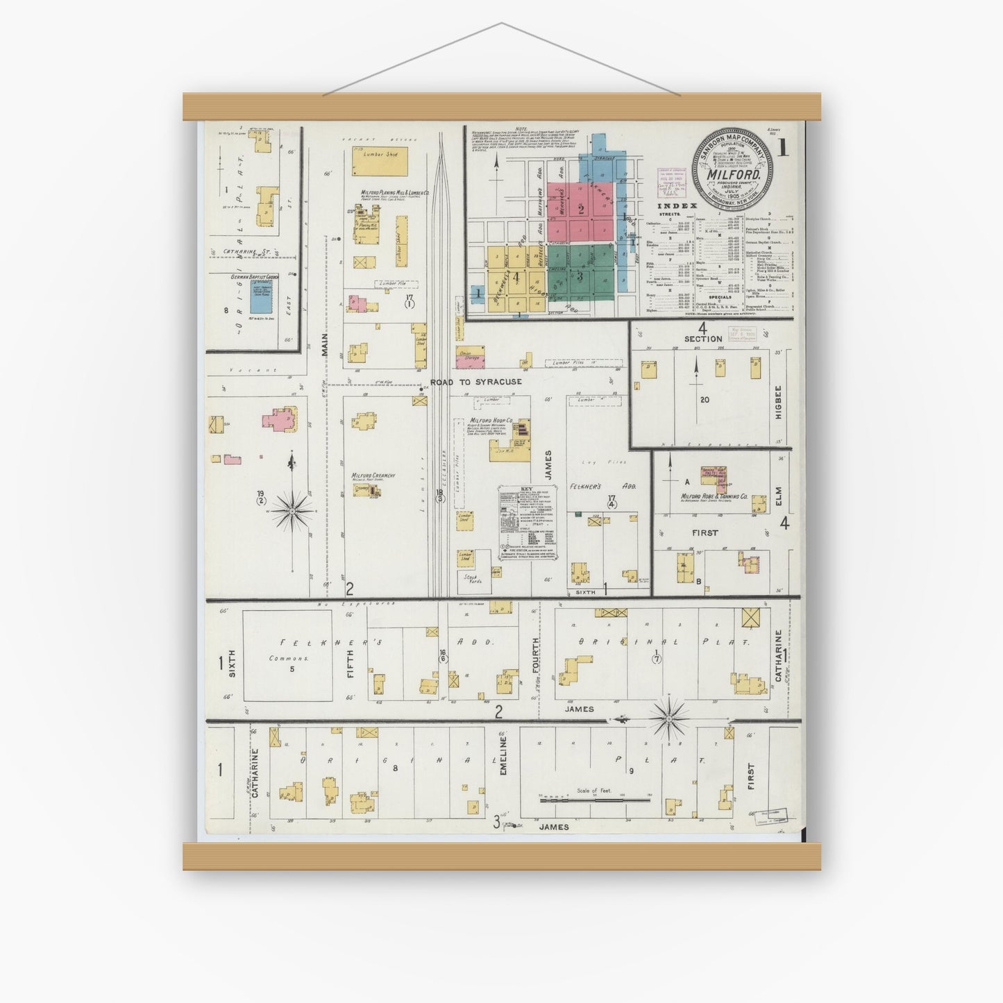 Old map wall art mockup — magnetic wood frame on white wall — Sanborn Fire Insurance Map from Milford, Kosciusko County, Indiana (1905), Sheet #0001