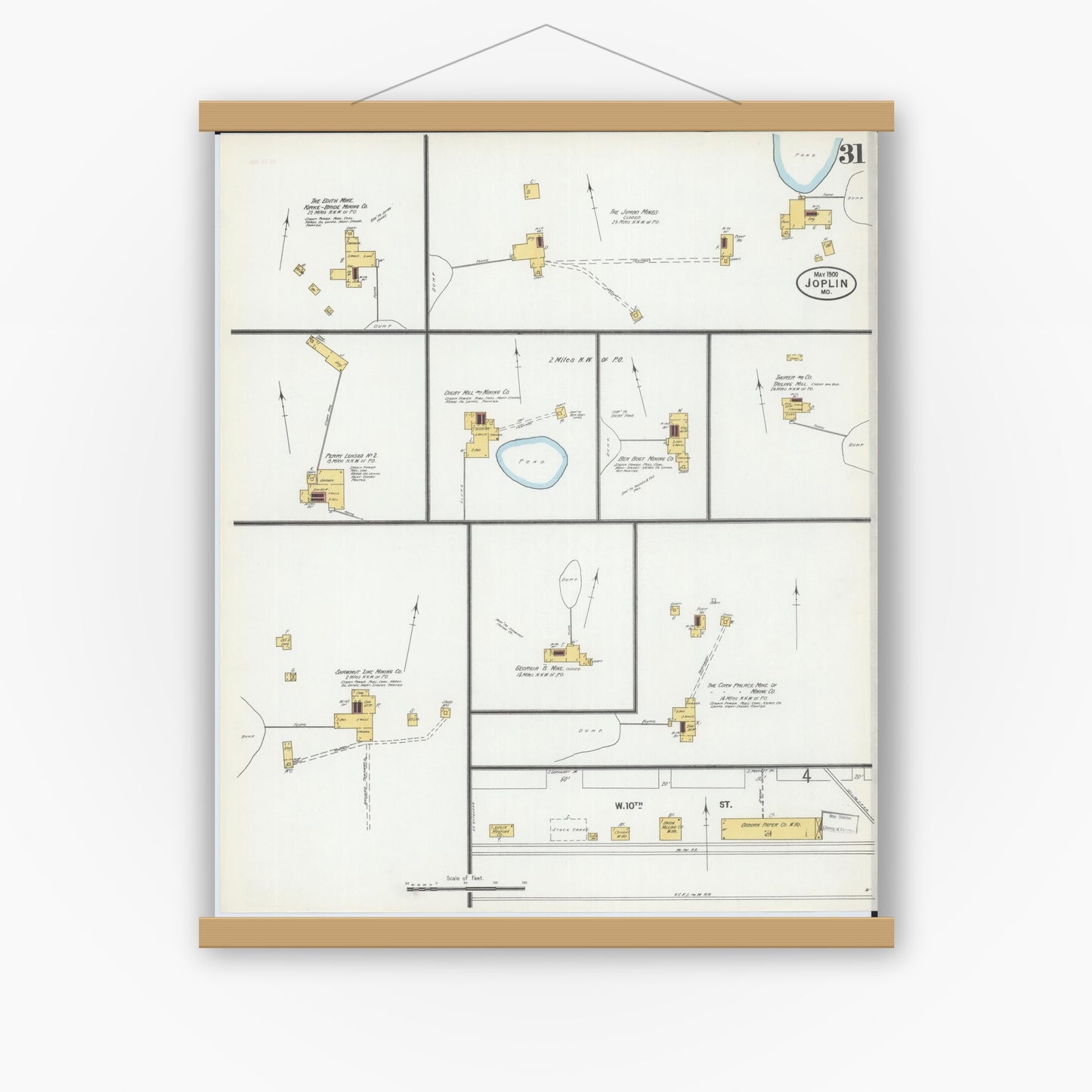 Old map wall art mockup — magnetic wood frame on white wall — Sanborn Fire Insurance Map from Joplin, Jasper County, Missouri (1900), Sheet #0031