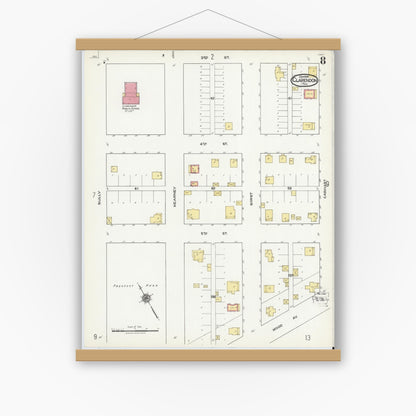 Old map wall art mockup — magnetic wood frame on white wall — Sanborn Fire Insurance Map from Clarendon, Donley County, Texas (1921), Sheet #0008