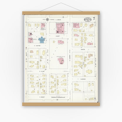 Old map wall art mockup — magnetic wood frame on white wall — Sanborn Fire Insurance Map from Rochester, Olmsted County, Minnesota (1914), Sheet #0007