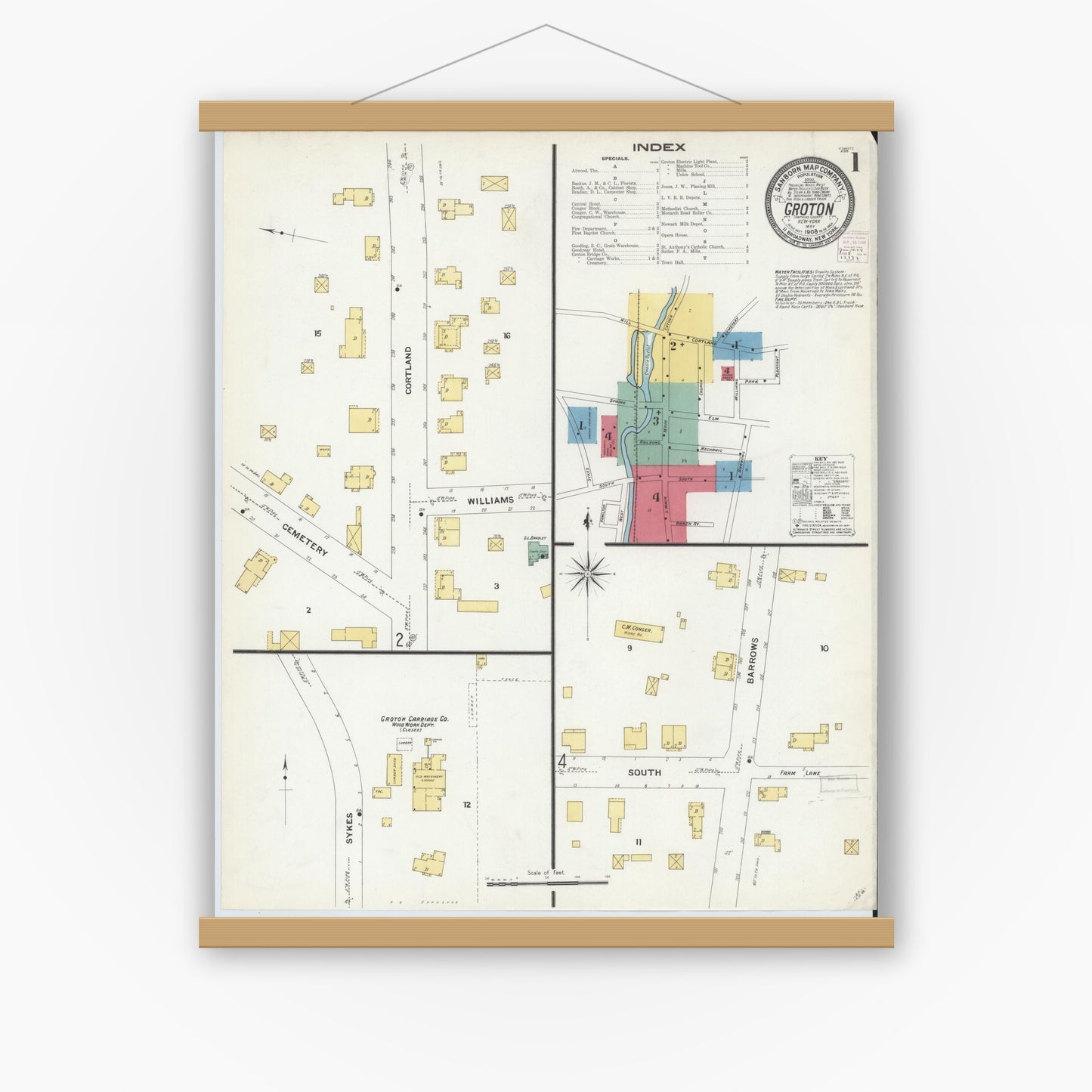 Old map wall art mockup — magnetic wood frame on white wall — Sanborn Fire Insurance Map from Groton, Tomkins County, New York (1908) - Complete Map Set