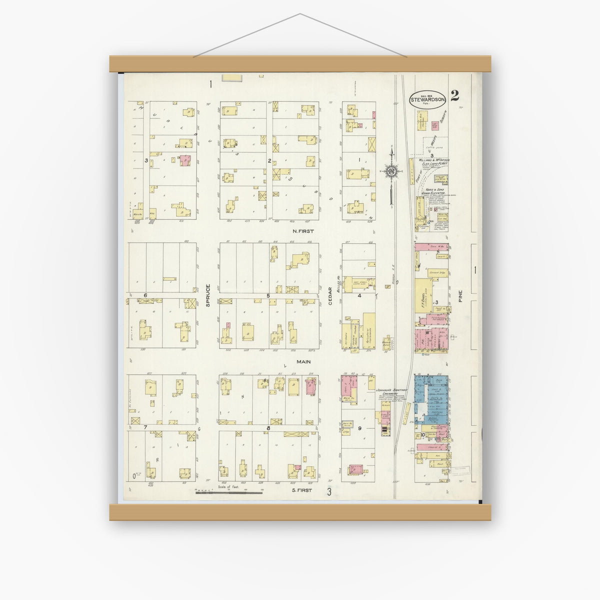 Old map wall art mockup — magnetic wood frame on white wall — Sanborn Fire Insurance Map from Stewardson, Shelby County, Illinois (1913), Sheet #0002