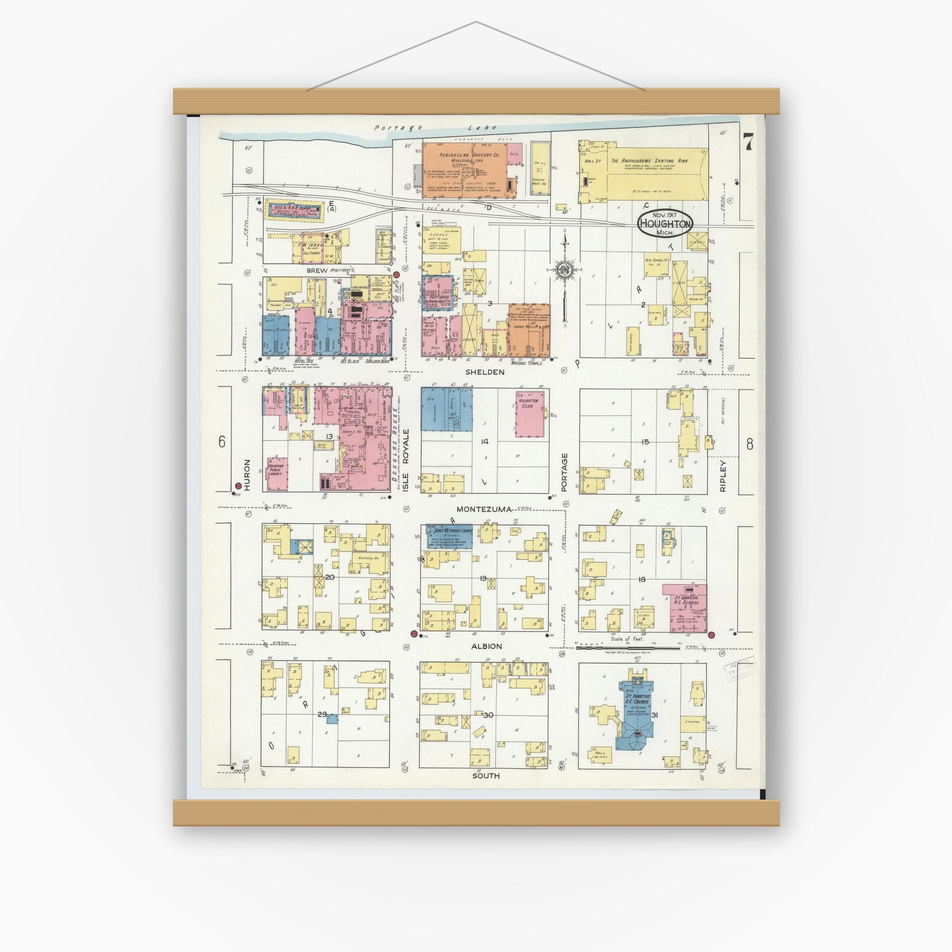 Old map wall art mockup — magnetic wood frame on white wall — Sanborn Fire Insurance Map from Houghton, Houghton County, Michigan (1917), Sheet #0007