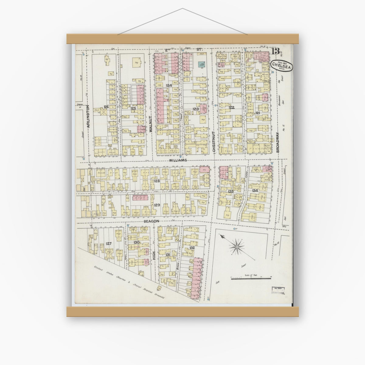 Old map wall art mockup — magnetic wood frame on white wall — Sanborn Fire Insurance Map from Chelsea, Suffolk County, Massachusetts (1889), Sheet #0013