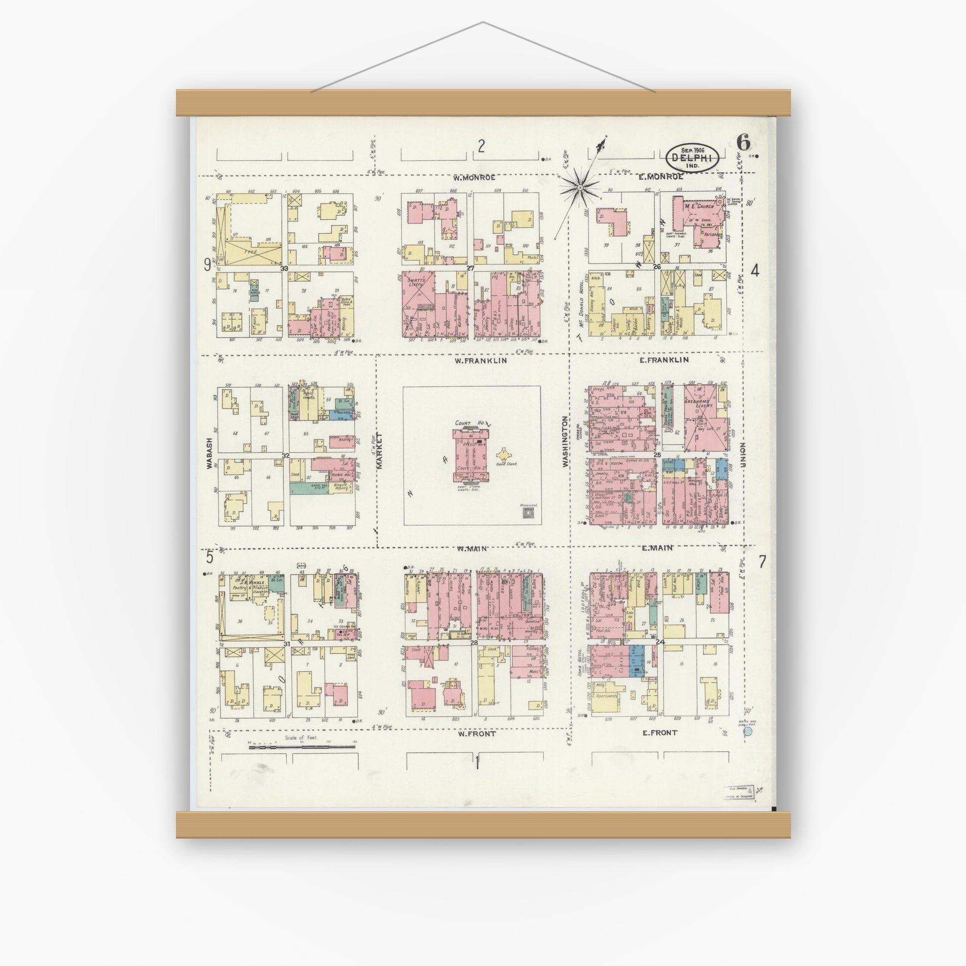 Old map wall art mockup — magnetic wood frame on white wall — Sanborn Fire Insurance Map from Delphi, Carroll County, Indiana (1906), Sheet #0006