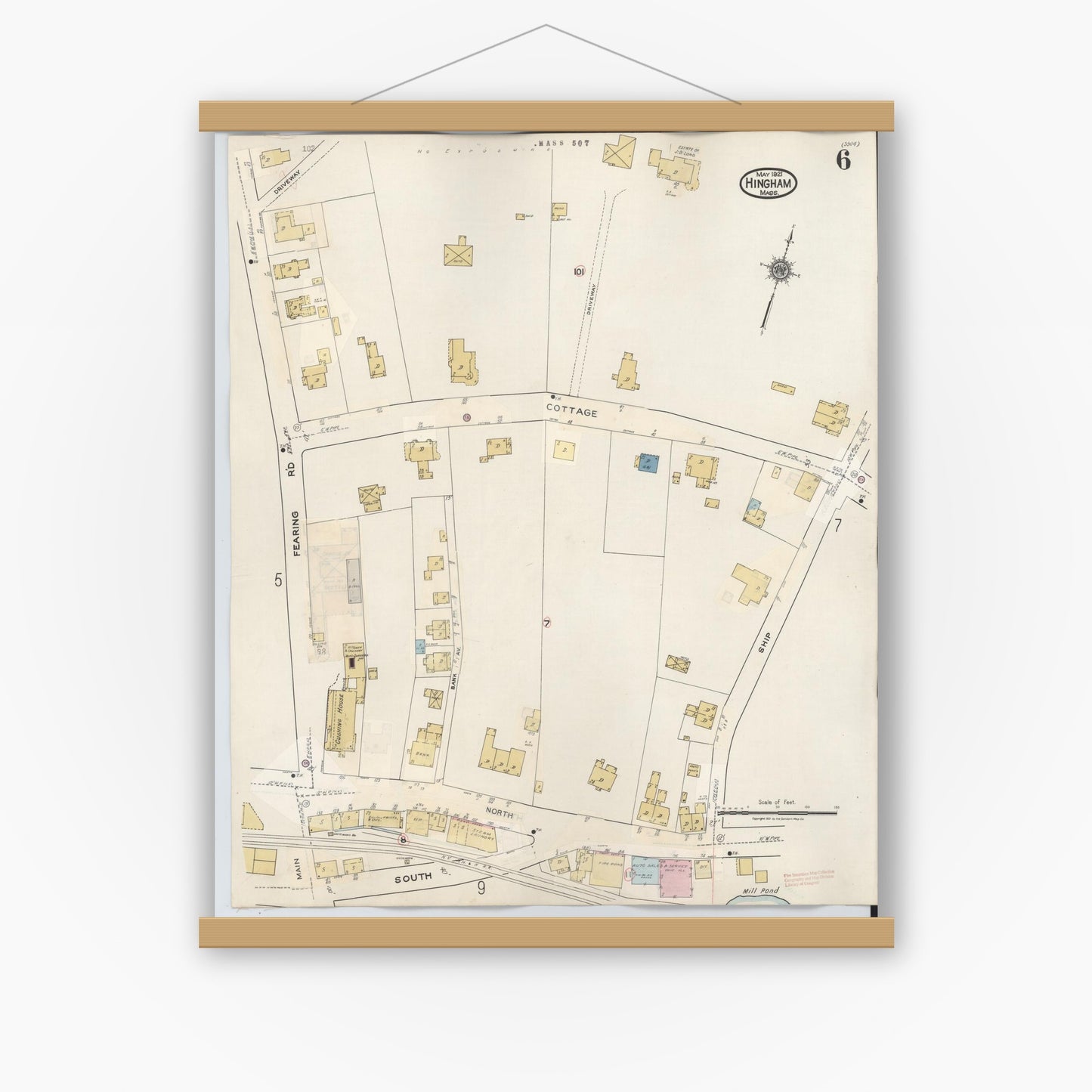 Old map wall art mockup — magnetic wood frame on white wall — Sanborn Fire Insurance Map from Hingham, Plymouth County, Massachusetts (1948), Sheet #0006