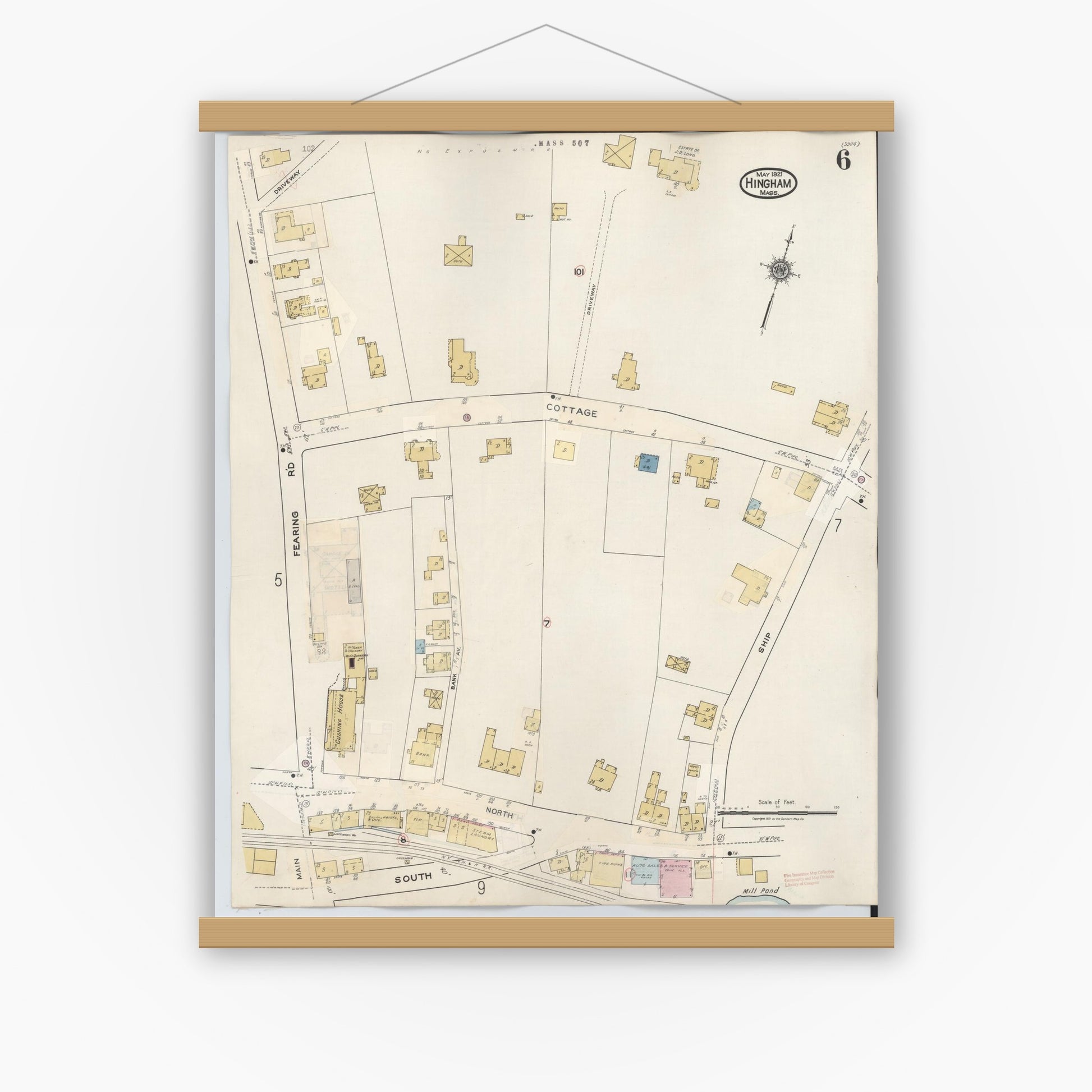Old map wall art mockup — magnetic wood frame on white wall — Sanborn Fire Insurance Map from Hingham, Plymouth County, Massachusetts (1948), Sheet #0006
