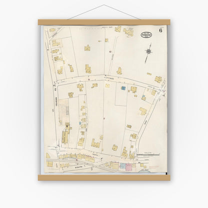 Old map wall art mockup — magnetic wood frame on white wall — Sanborn Fire Insurance Map from Hingham, Plymouth County, Massachusetts (1948), Sheet #0006