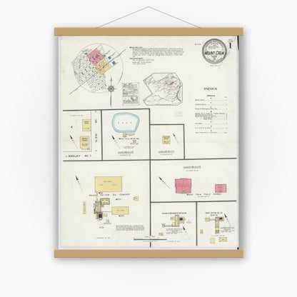 Old map wall art mockup — magnetic wood frame on white wall — Sanborn Fire Insurance Map from Mount Calm, Hill County, Texas (1921), Sheet #0001