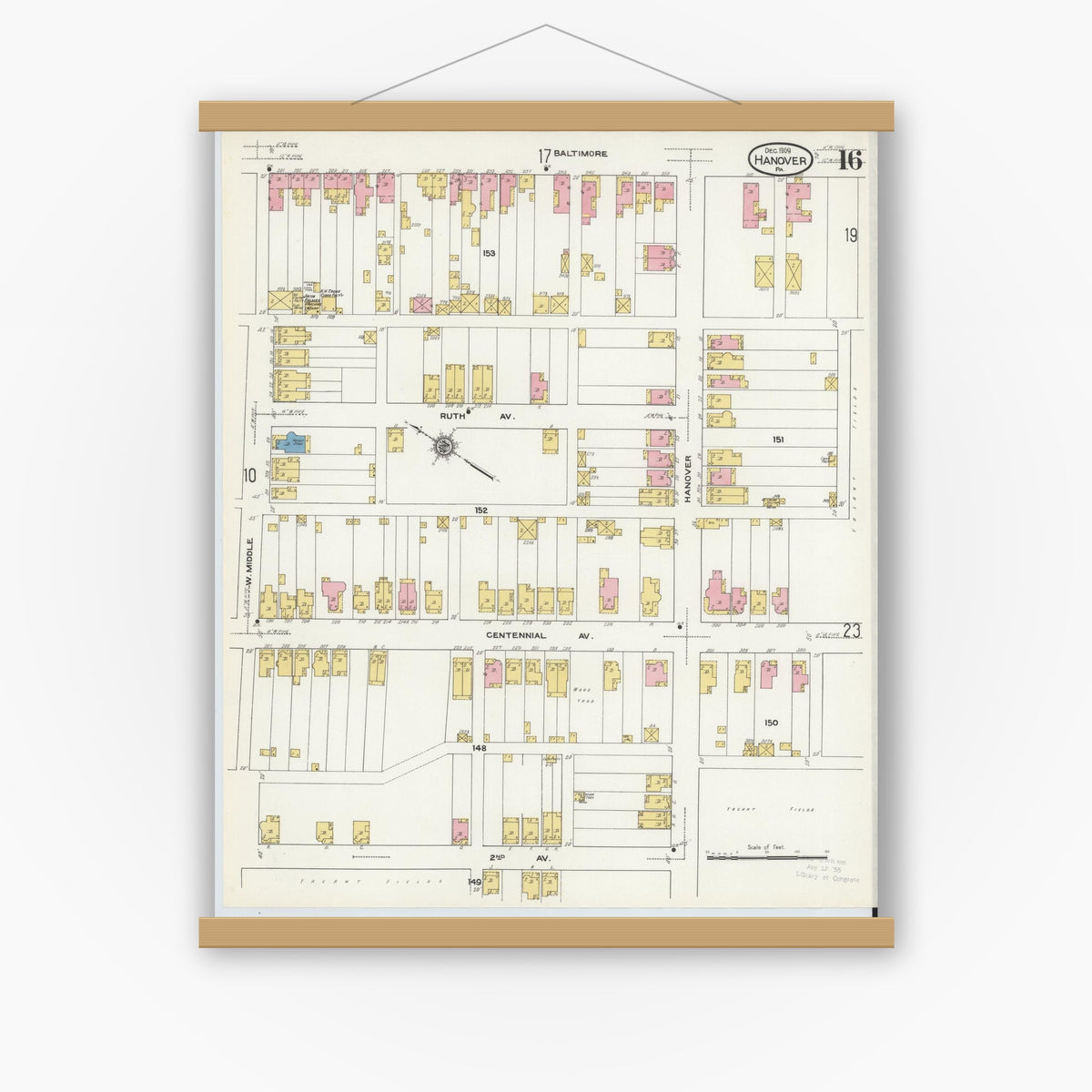 Old map wall art mockup — magnetic wood frame on white wall — Sanborn Fire Insurance Map from Hanover, York County, Pennsylvania (1909), Sheet #0016