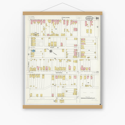Old map wall art mockup — magnetic wood frame on white wall — Sanborn Fire Insurance Map from Hanover, York County, Pennsylvania (1909), Sheet #0016