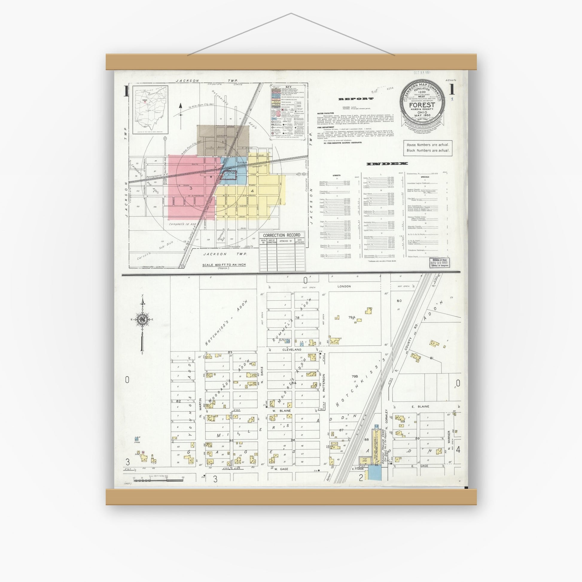 Old map wall art mockup — magnetic wood frame on white wall — Sanborn Fire Insurance Map from Forest, Hardin County, Ohio (1950), Sheet #0001