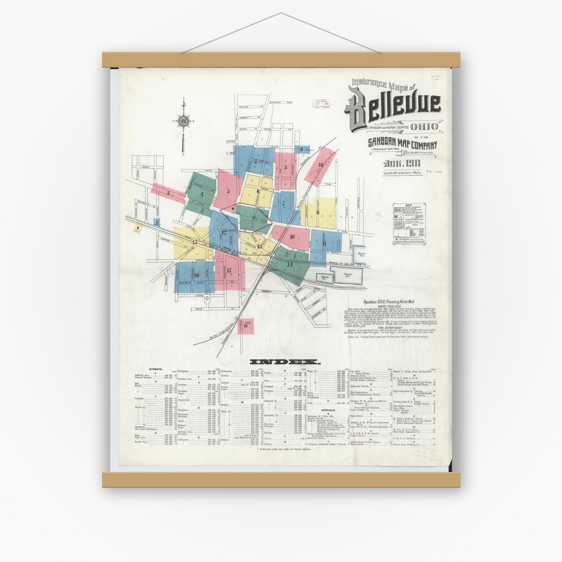 Old map wall art mockup — magnetic wood frame on white wall — Sanborn Fire Insurance Map from Bellevue, Huron And Sandusky County, Ohio (1911), Sheet #0001