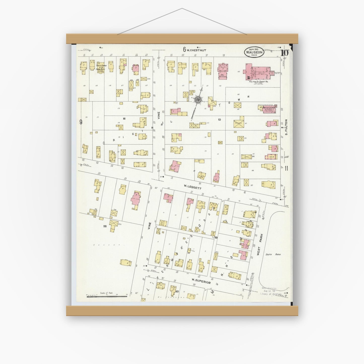 Old map wall art mockup — magnetic wood frame on white wall — Sanborn Fire Insurance Map from Wauseon, Fulton County, Ohio (1910), Sheet #0010