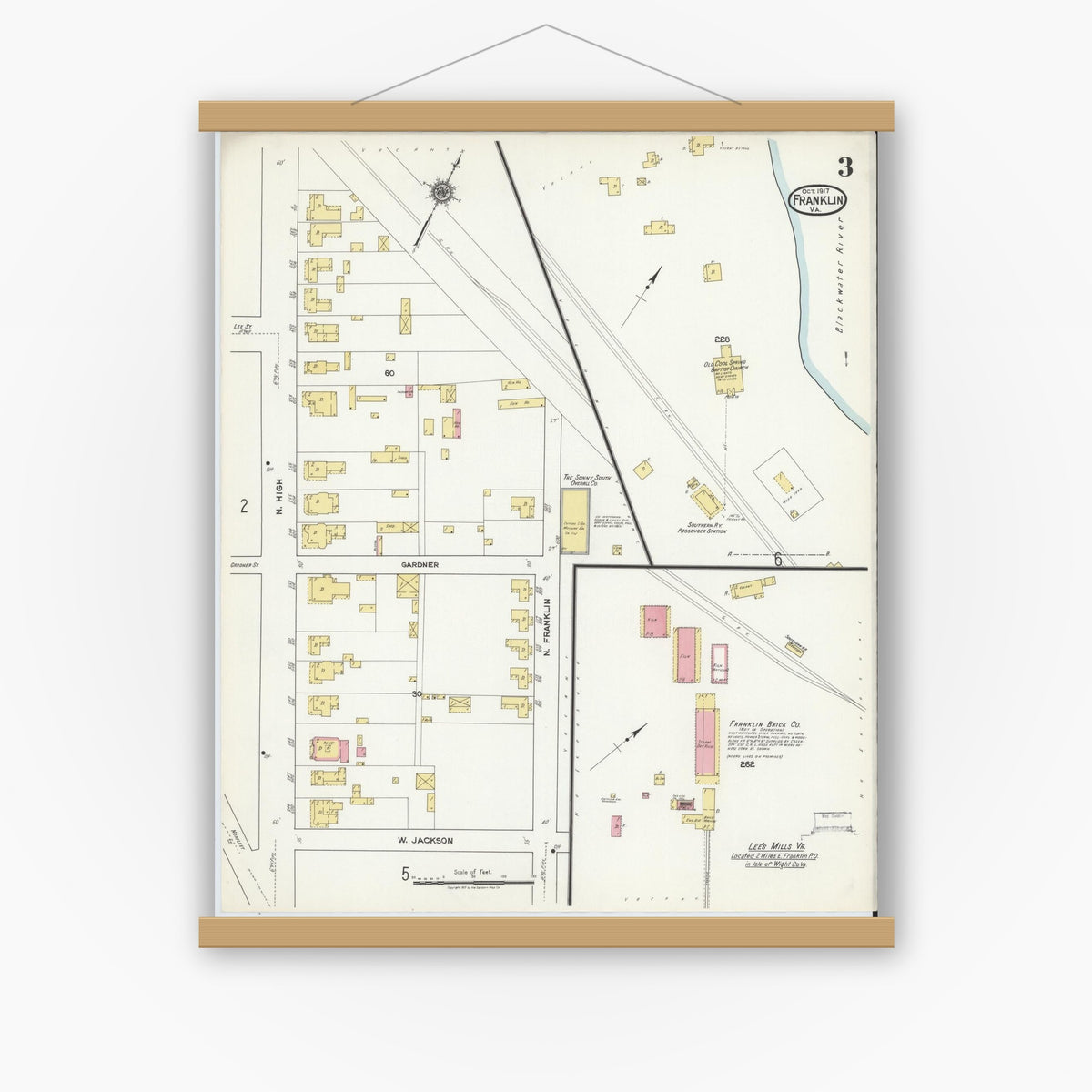 Old map wall art mockup — magnetic wood frame on white wall — Sanborn Fire Insurance Map from Franklin, Independent Cities, Virginia (1917), Sheet #0003