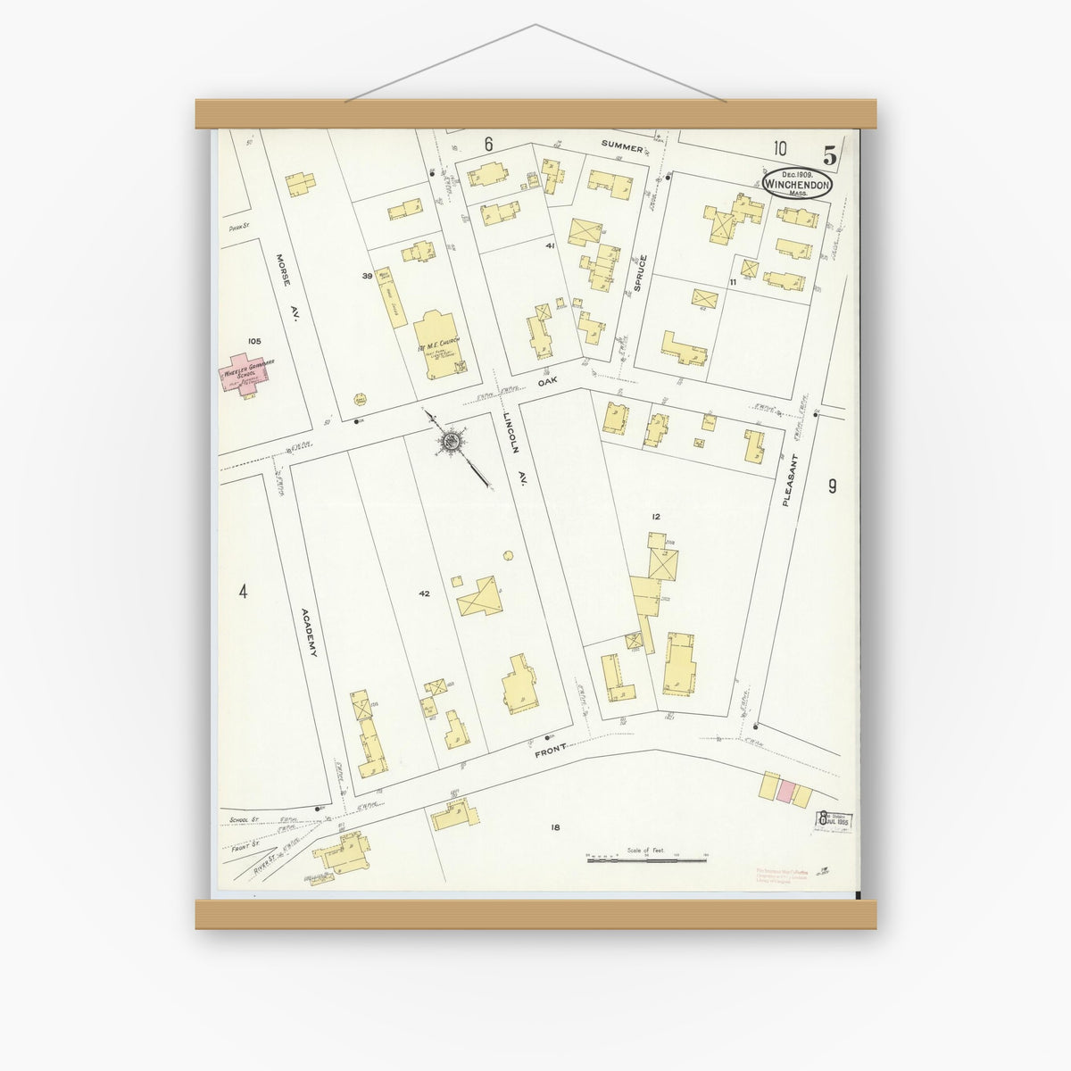 Old map wall art mockup — magnetic wood frame on white wall — Sanborn Fire Insurance Map from Winchendon, Worcester County, Massachusetts (1909), Sheet #0005