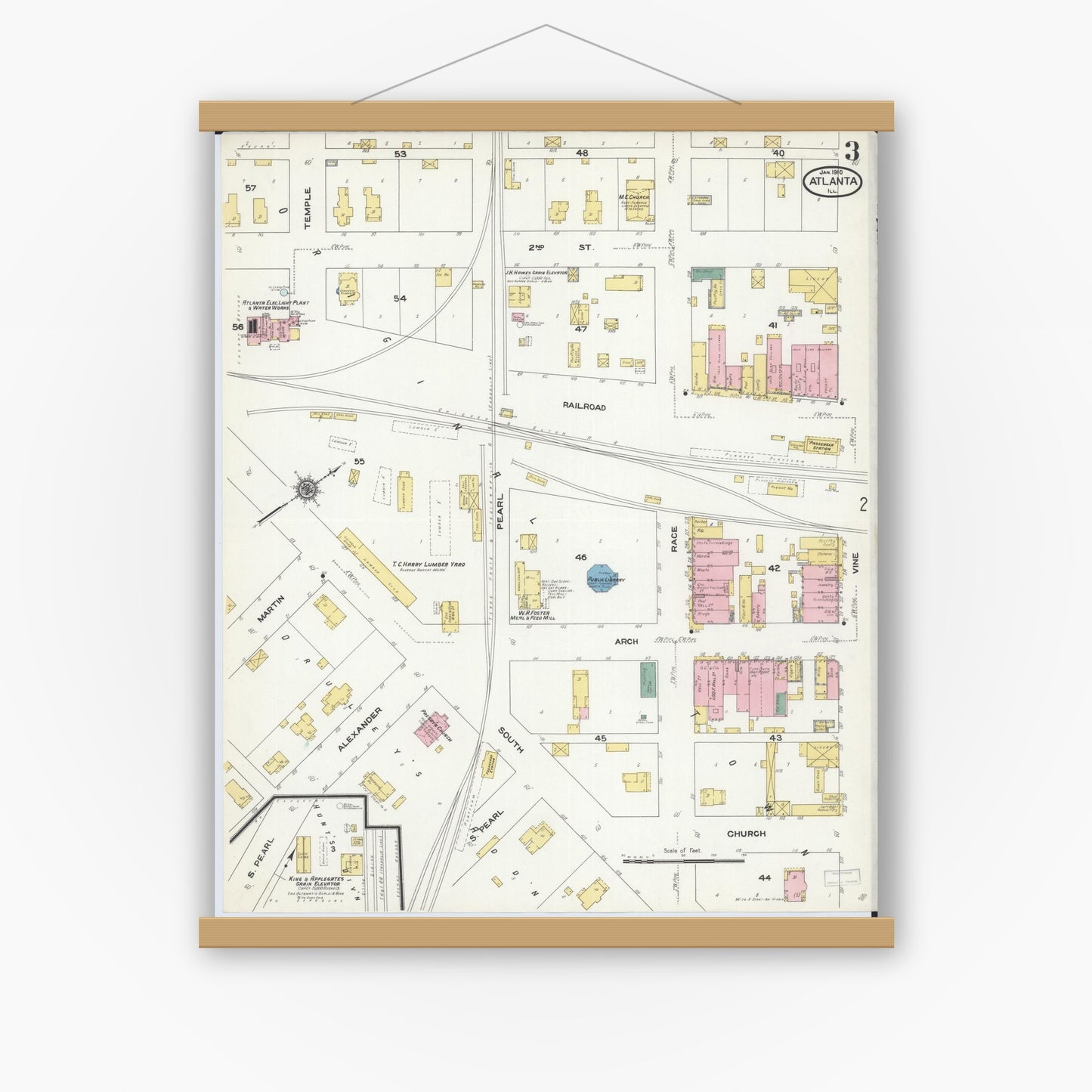 Old map wall art mockup — magnetic wood frame on white wall — Sanborn Fire Insurance Map from Atlanta, Logan County, Illinois (1910), Sheet #0003