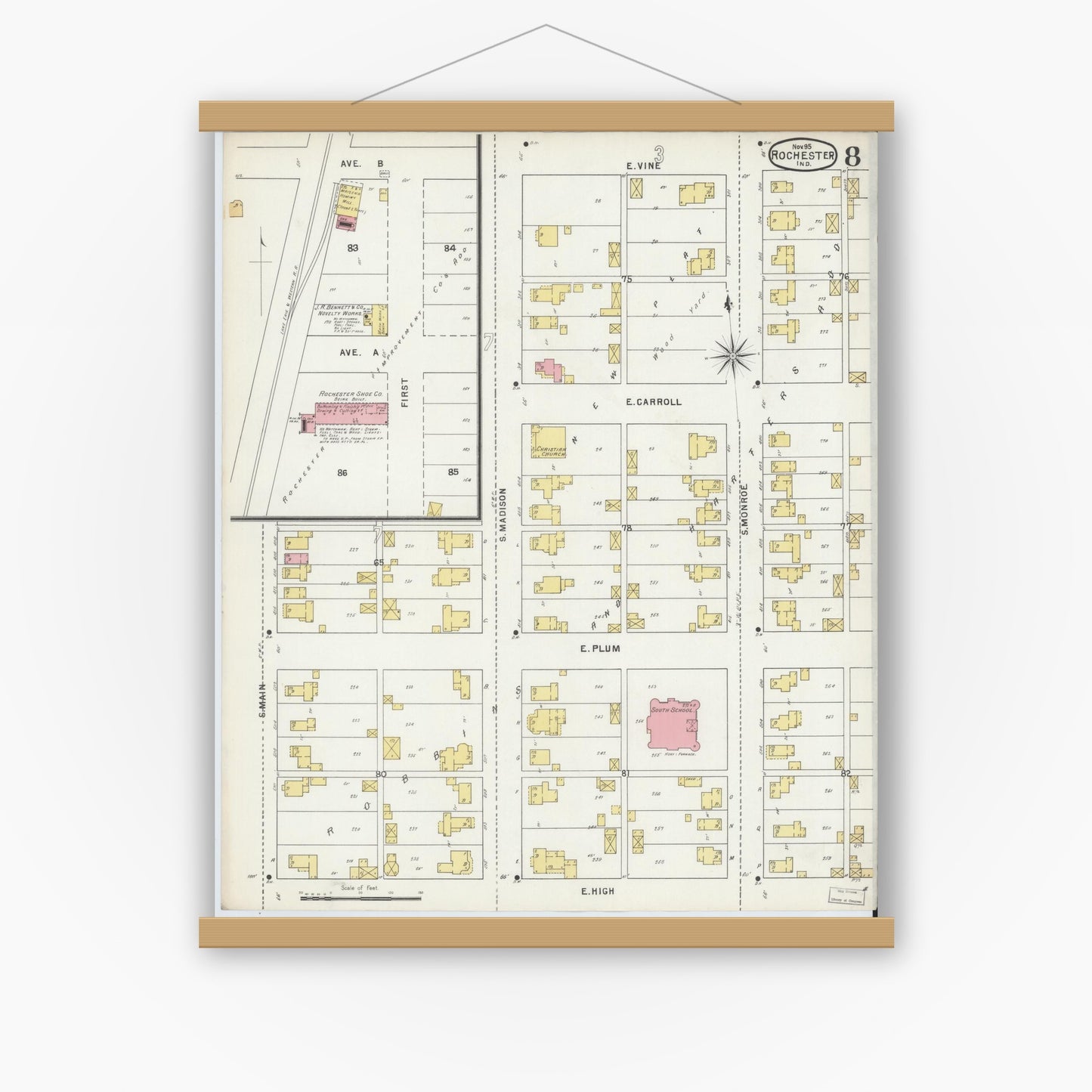 Old map wall art mockup — magnetic wood frame on white wall — Sanborn Fire Insurance Map from Rochester, Fulton County, Indiana (1895), Sheet #0008