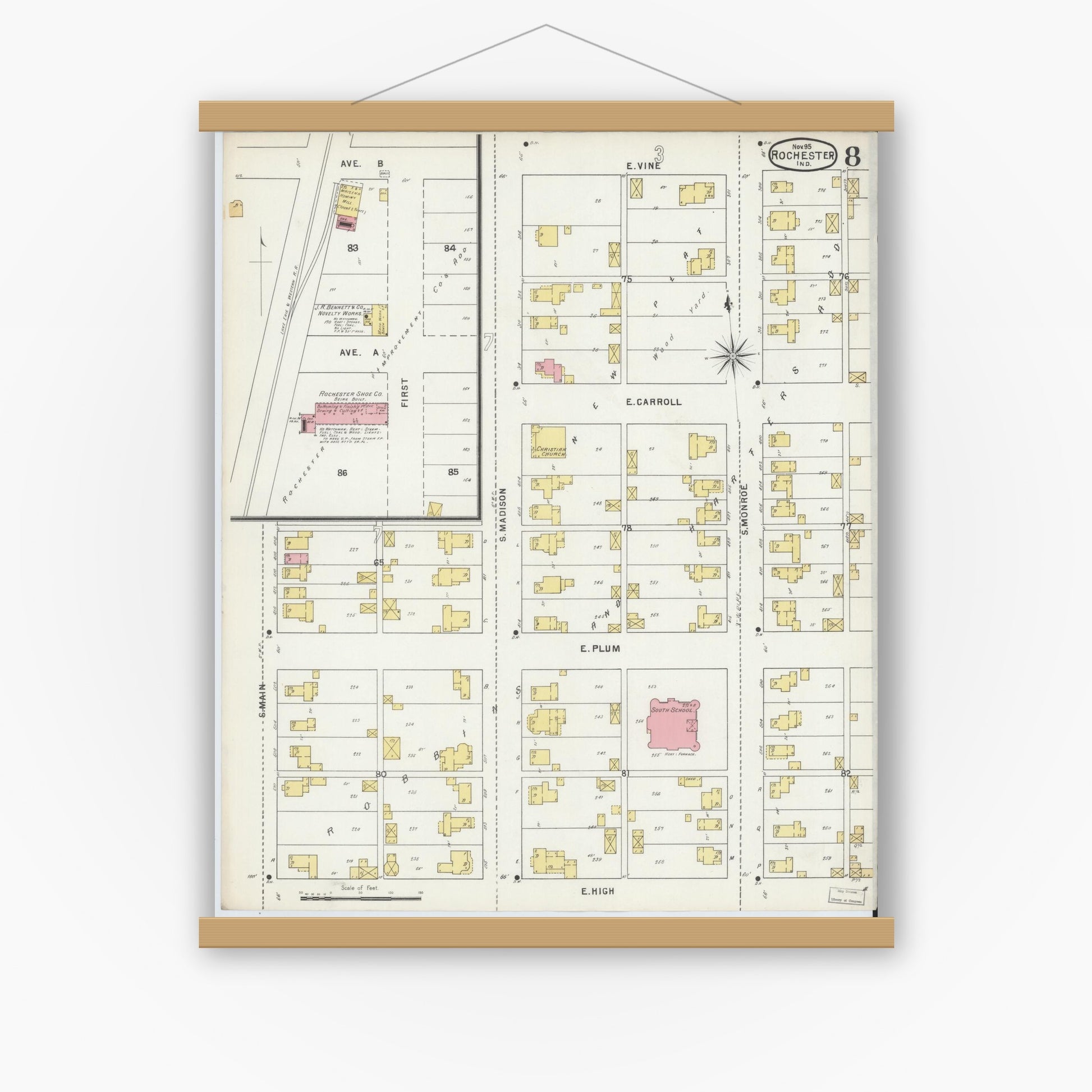 Old map wall art mockup — magnetic wood frame on white wall — Sanborn Fire Insurance Map from Rochester, Fulton County, Indiana (1895), Sheet #0008