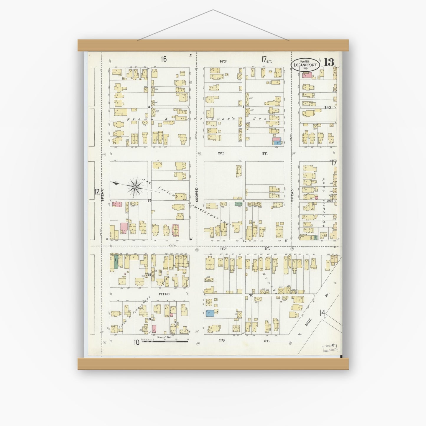 Old map wall art mockup — magnetic wood frame on white wall — Sanborn Fire Insurance Map from Logansport, Cass County, Indiana (1906), Sheet #0013