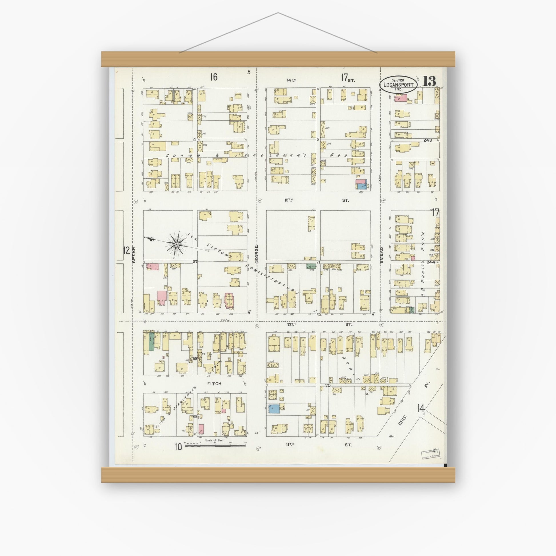 Old map wall art mockup — magnetic wood frame on white wall — Sanborn Fire Insurance Map from Logansport, Cass County, Indiana (1906), Sheet #0013