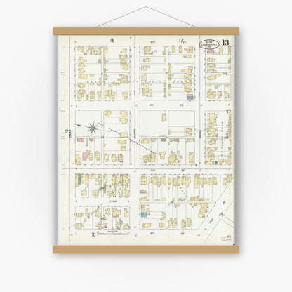 Old map wall art mockup — magnetic wood frame on white wall — Sanborn Fire Insurance Map from Logansport, Cass County, Indiana (1906), Sheet #0013