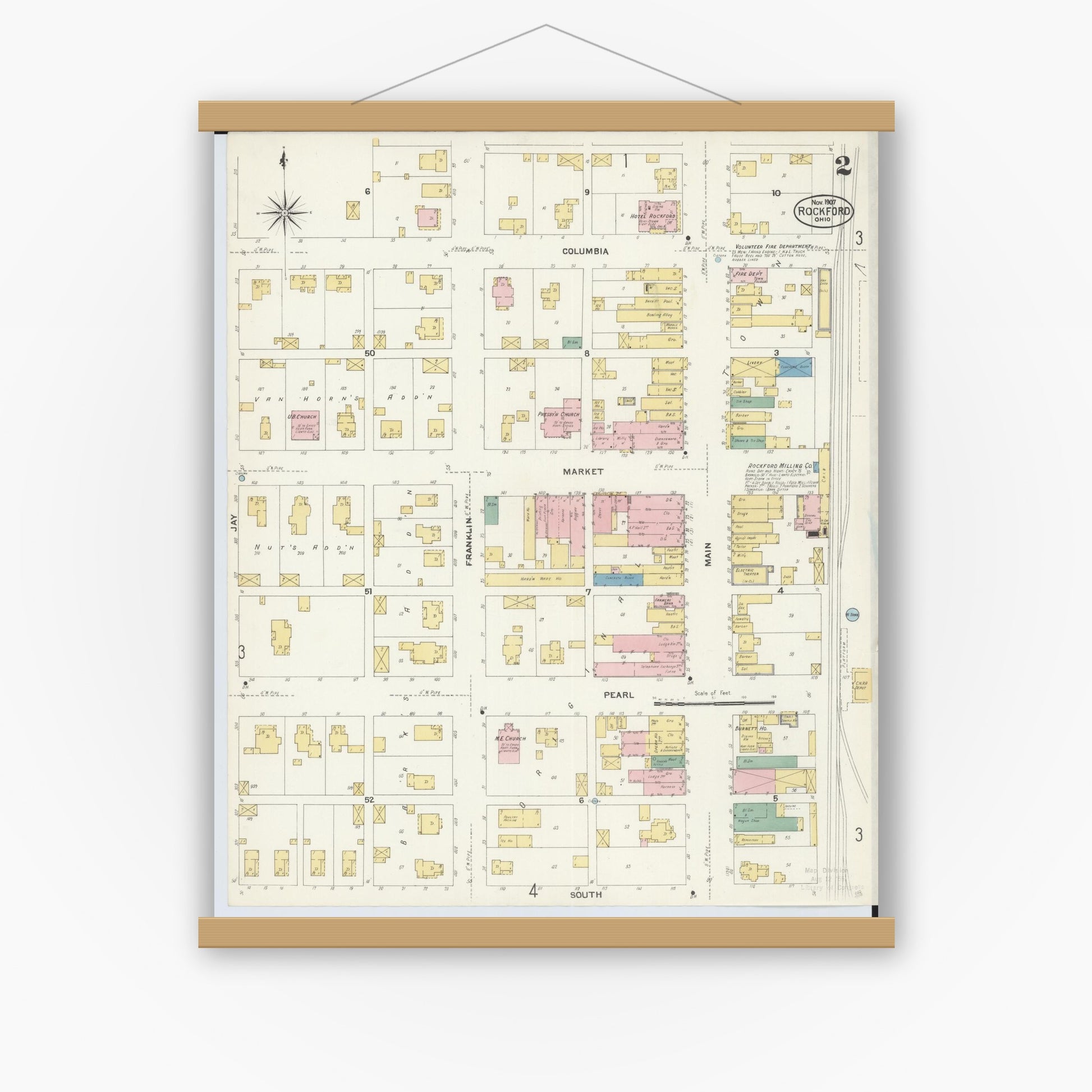 Old map wall art mockup — magnetic wood frame on white wall — Sanborn Fire Insurance Map from Rockford, Mercer County, Ohio (1907), Sheet #0002