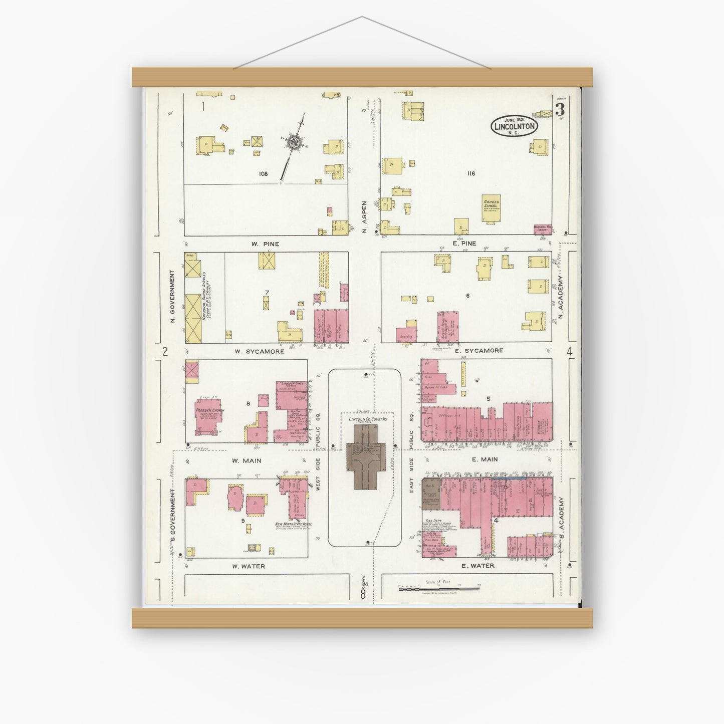 Old map wall art mockup — magnetic wood frame on white wall — Sanborn Fire Insurance Map from Lincolnton, Lincoln County, North Carolina (1921), Sheet #0003