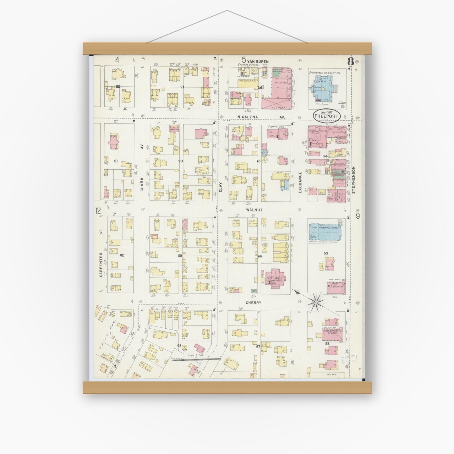 Old map wall art mockup — magnetic wood frame on white wall — Sanborn Fire Insurance Map from Freeport, Stephenson County, Illinois (1897), Sheet #0008