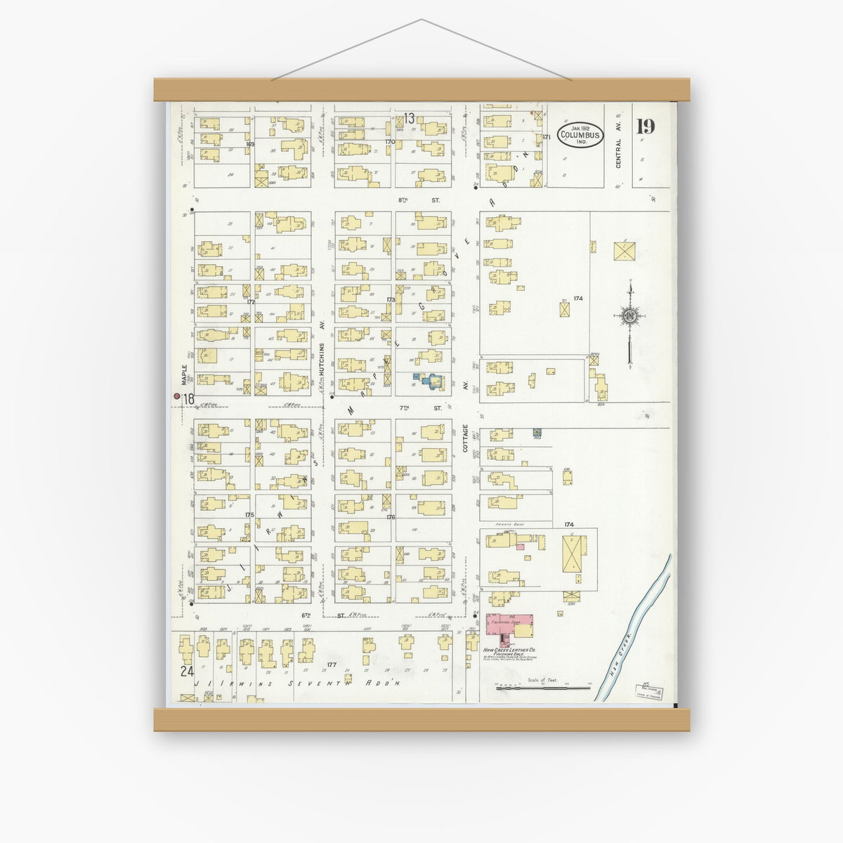 Old map wall art mockup — magnetic wood frame on white wall — Sanborn Fire Insurance Map from Columbus, Bartholomew County, Indiana (1912), Sheet #0019