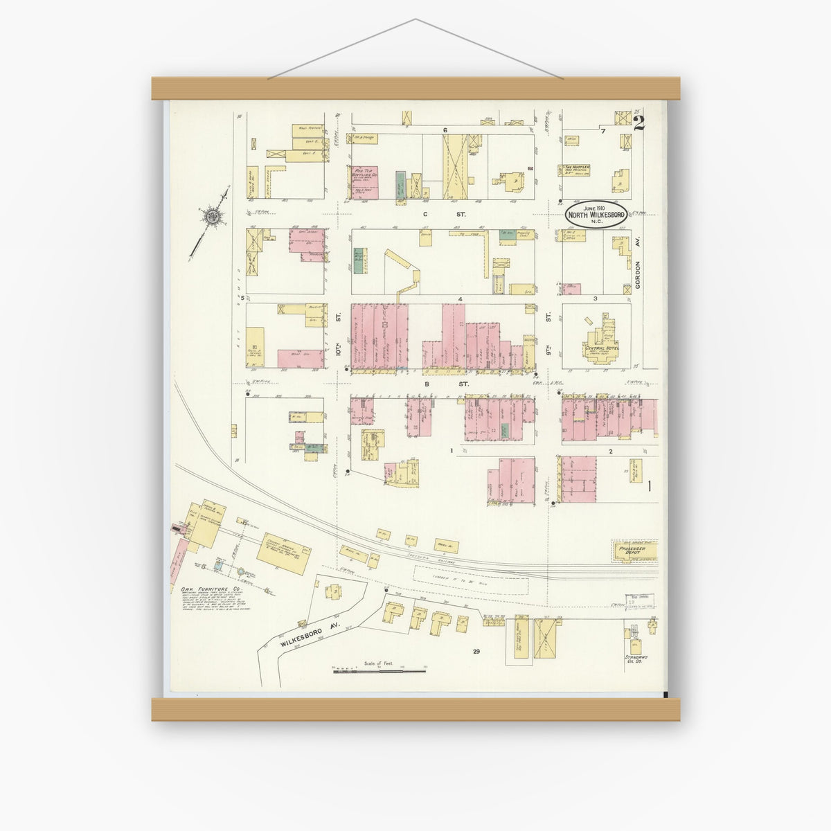 Old map wall art mockup — magnetic wood frame on white wall — Sanborn Fire Insurance Map from North Wilkesboro, Wilkes County, North Carolina (1910), Sheet #0002