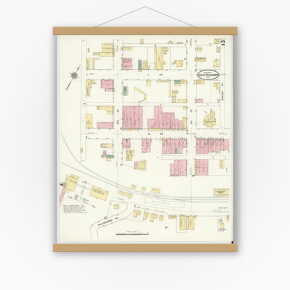 Old map wall art mockup — magnetic wood frame on white wall — Sanborn Fire Insurance Map from North Wilkesboro, Wilkes County, North Carolina (1910), Sheet #0002