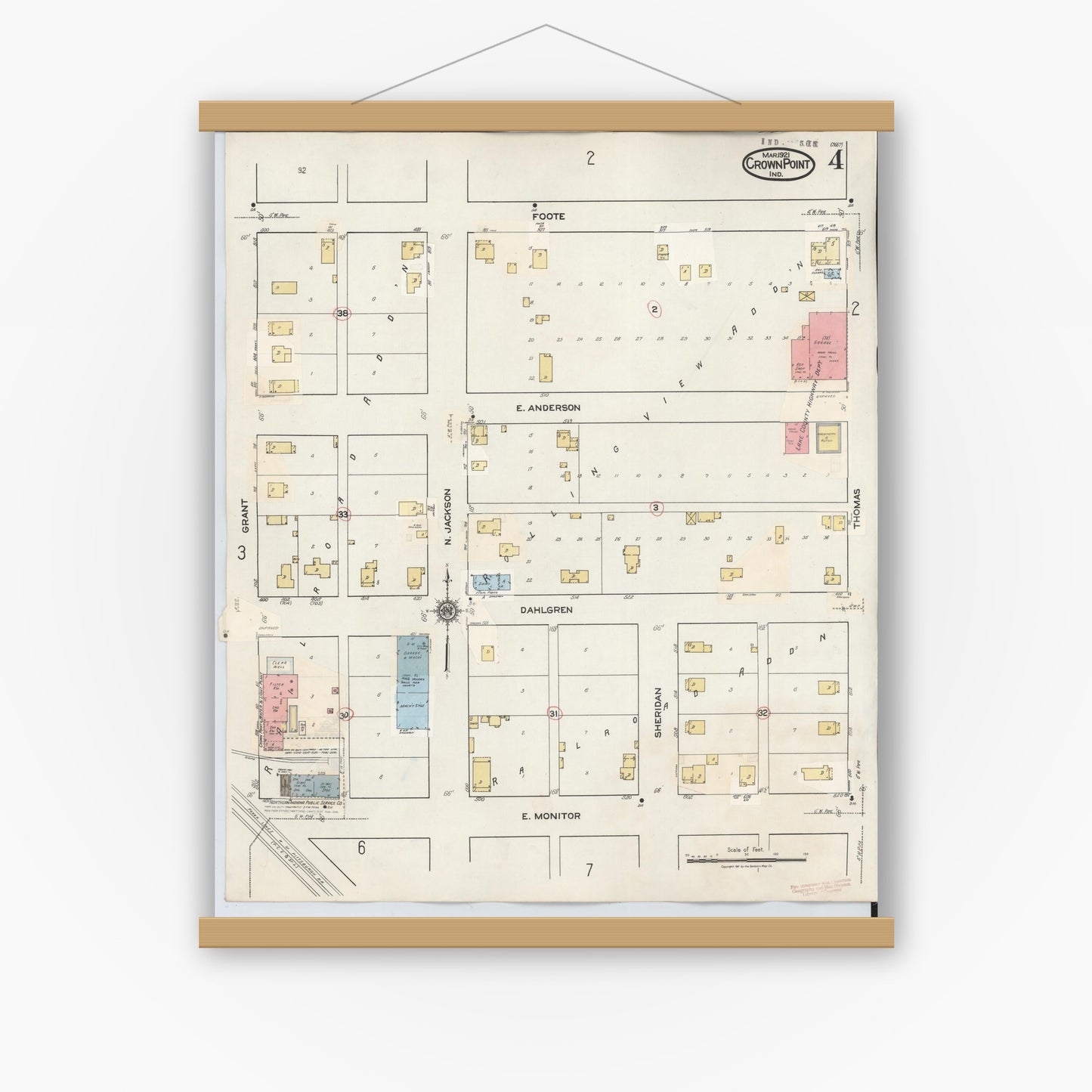 Old map wall art mockup — magnetic wood frame on white wall — Sanborn Fire Insurance Map from Crown Point, Lake County, Indiana (1948), Sheet #0004