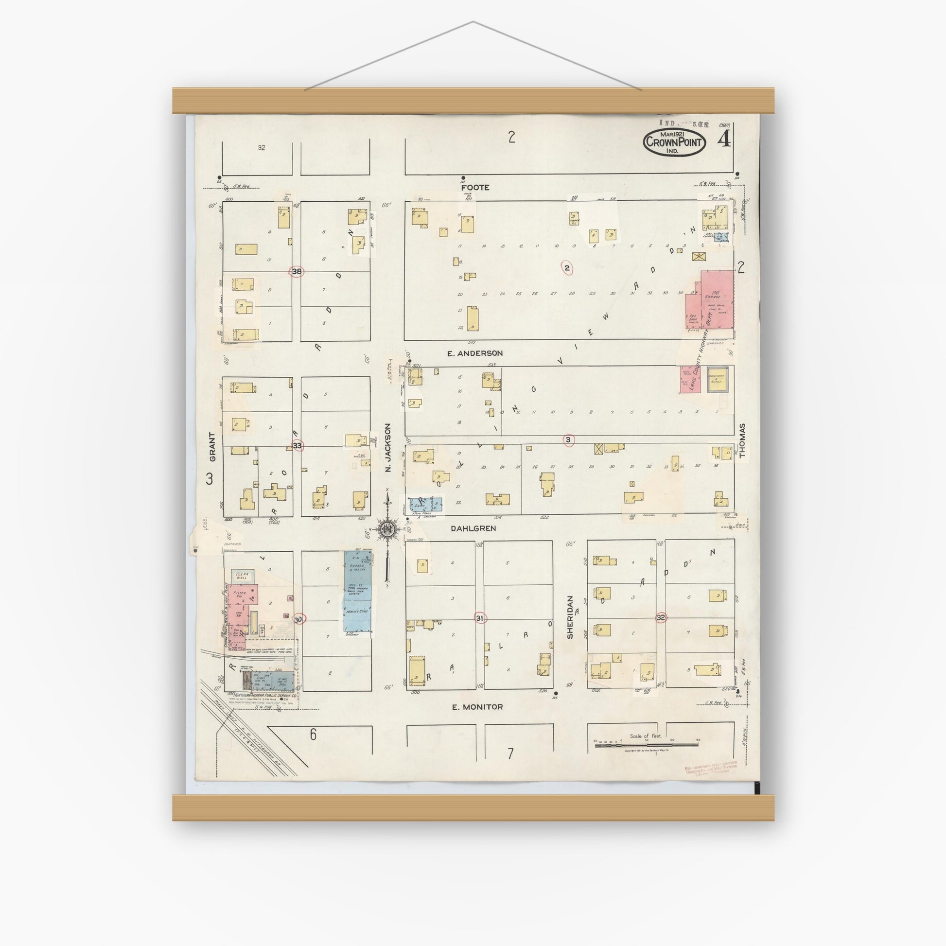 Old map wall art mockup — magnetic wood frame on white wall — Sanborn Fire Insurance Map from Crown Point, Lake County, Indiana (1948), Sheet #0004