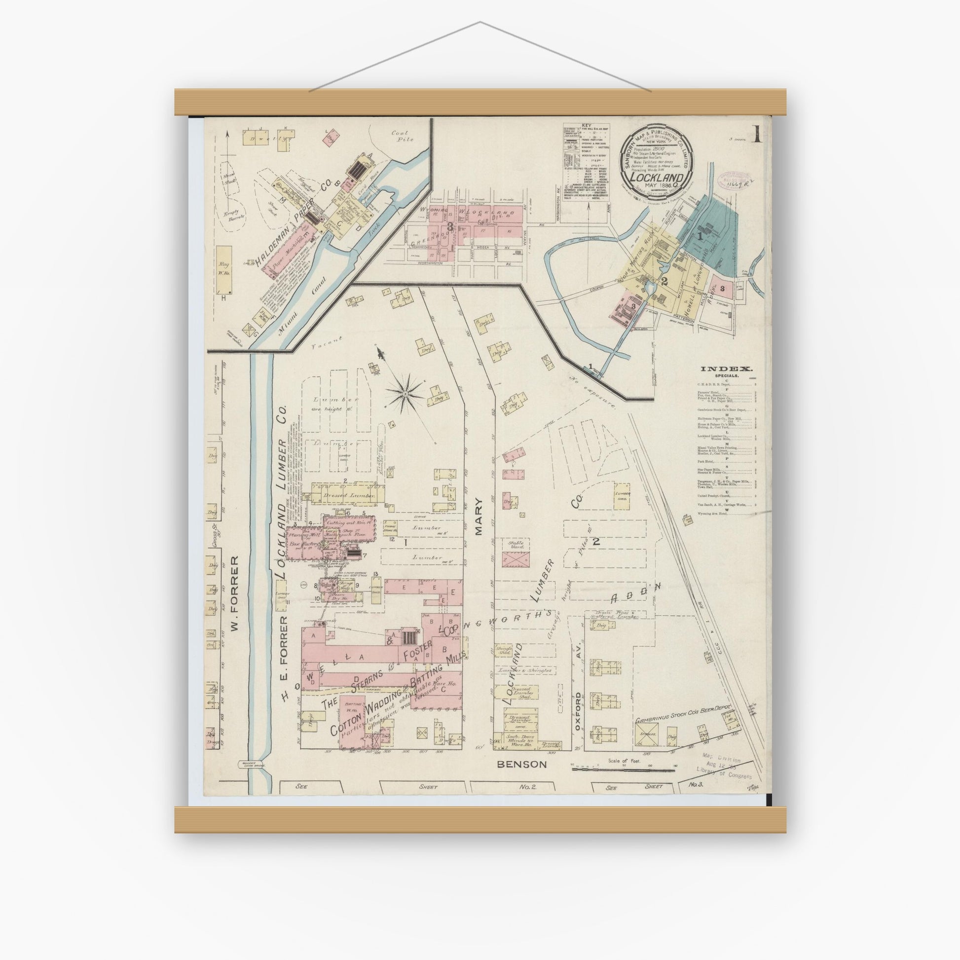 Old map wall art mockup — magnetic wood frame on white wall — Sanborn Fire Insurance Map from Lockland, Hamilton County, Ohio (1886) - Complete Map Set