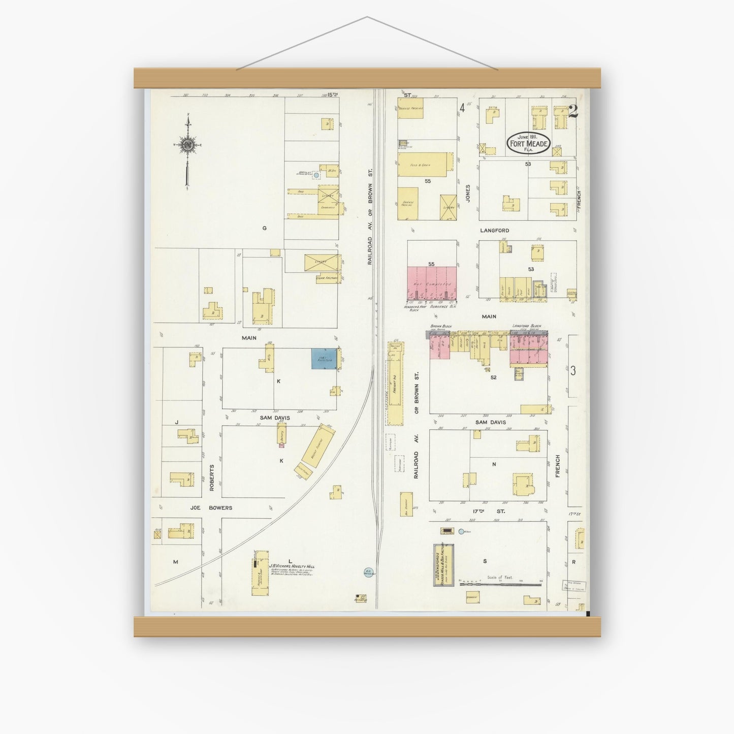 Old map wall art mockup — magnetic wood frame on white wall — Sanborn Fire Insurance Map from Fort Meade, Polk County, Florida (1911), Sheet #0002