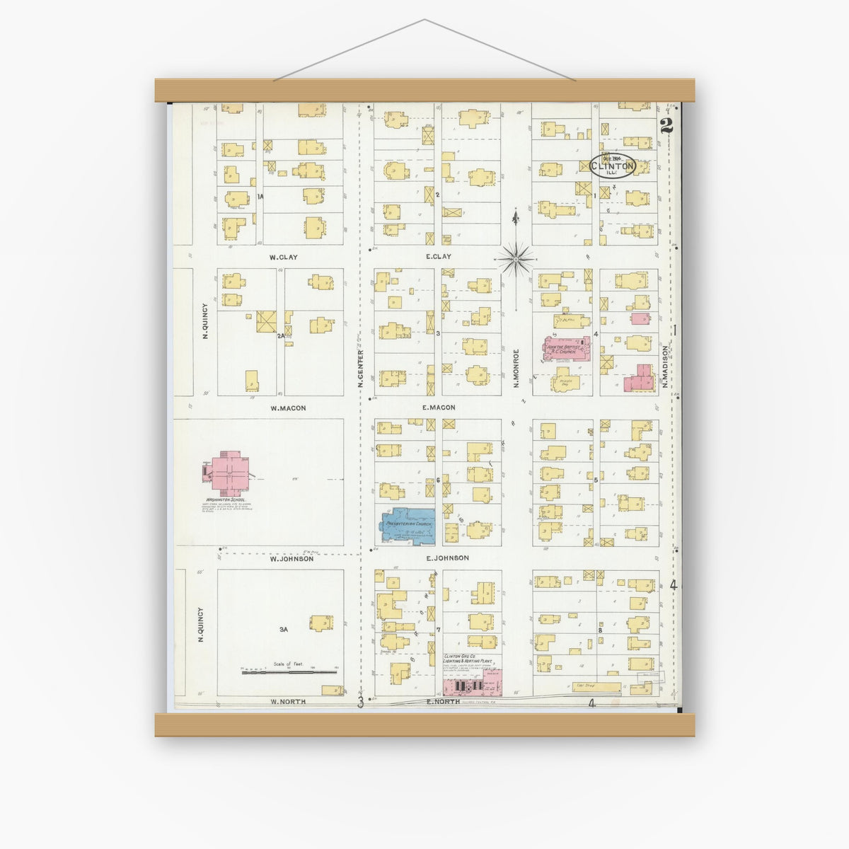 Old map wall art mockup — magnetic wood frame on white wall — Sanborn Fire Insurance Map from Clinton, De Witt County, Illinois (1904), Sheet #0002