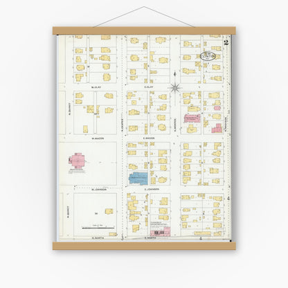 Old map wall art mockup — magnetic wood frame on white wall — Sanborn Fire Insurance Map from Clinton, De Witt County, Illinois (1904), Sheet #0002