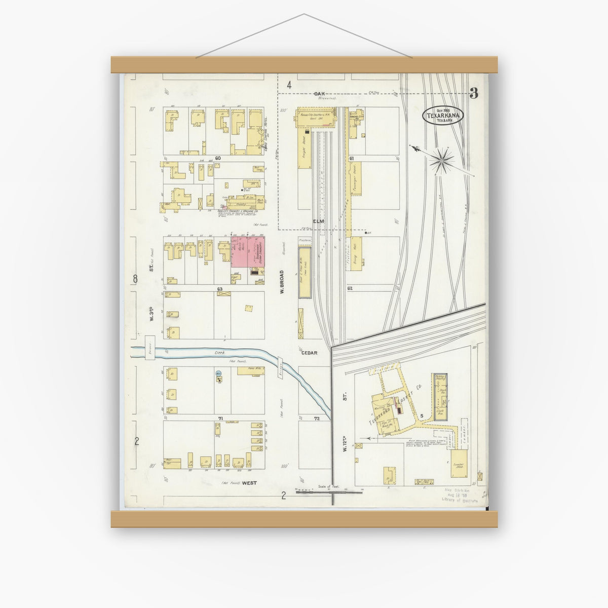 Old map wall art mockup — magnetic wood frame on white wall — Sanborn Fire Insurance Map from Texarkana, Bowie County, Texas (1905), Sheet #0003