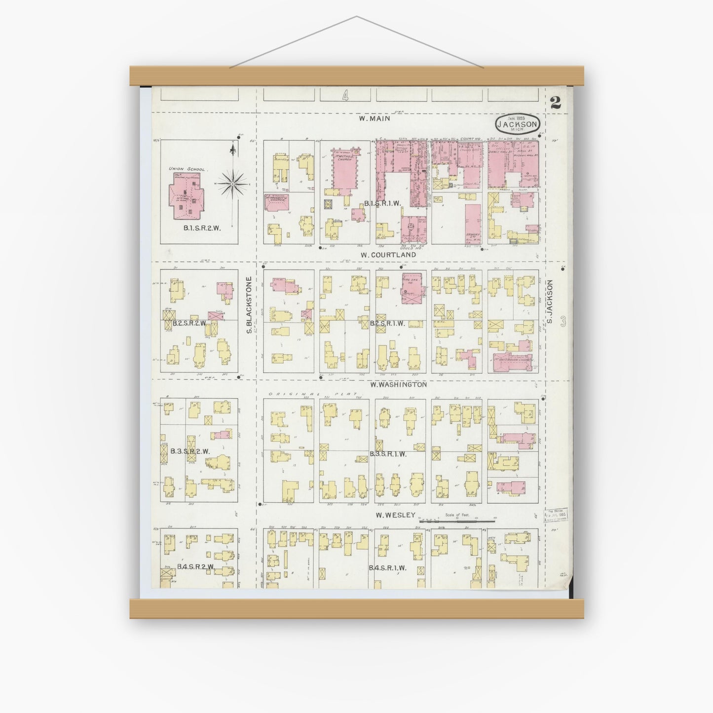 Old map wall art mockup — magnetic wood frame on white wall — Sanborn Fire Insurance Map from Jackson, Jackson County, Michigan (1893), Sheet #0002
