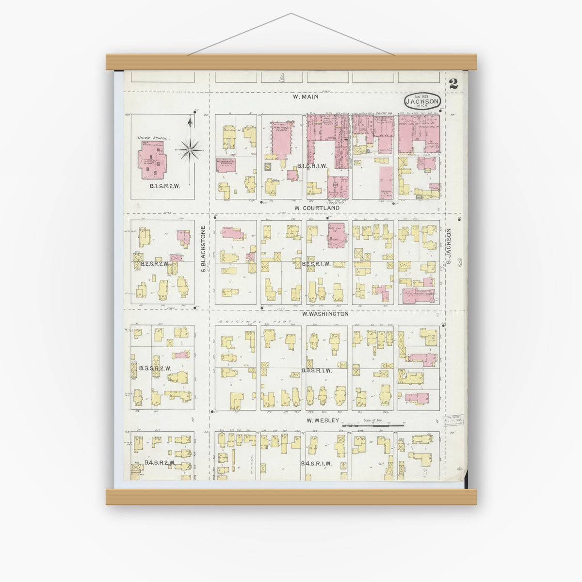 Old map wall art mockup — magnetic wood frame on white wall — Sanborn Fire Insurance Map from Jackson, Jackson County, Michigan (1893), Sheet #0002